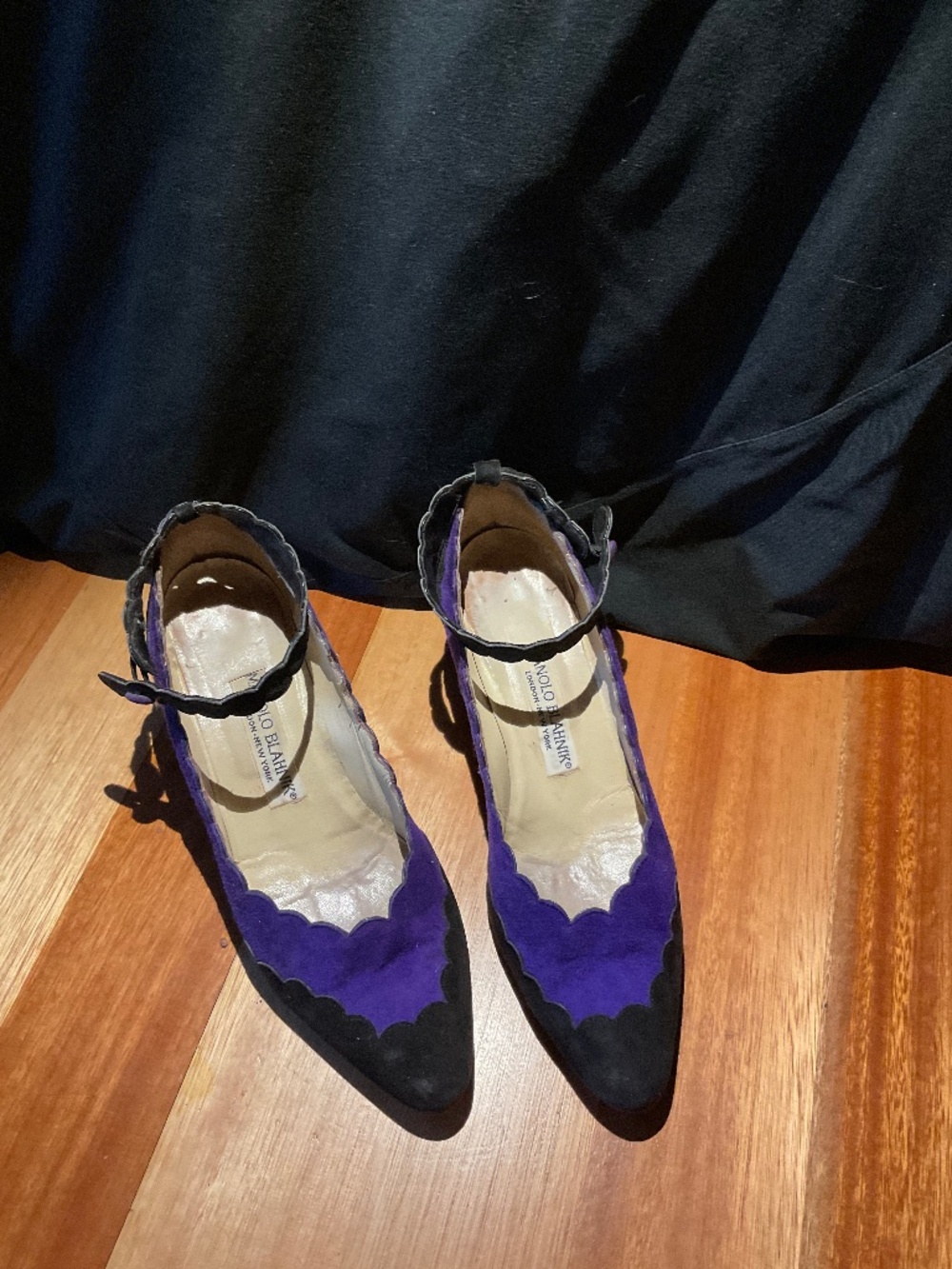 Manolo Blahnik purple and black suede with ankle strap. Size 8.    38.